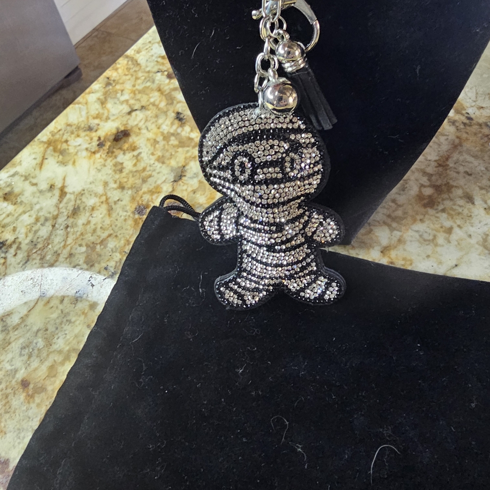 Crystal Embellished Mummy Charm Keychain - Black & Silver